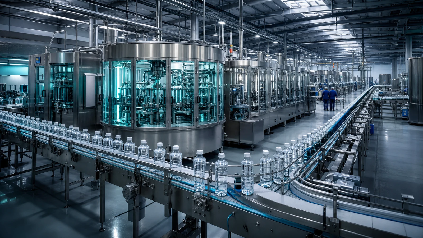 High-output automated bottling line operating in a production hall