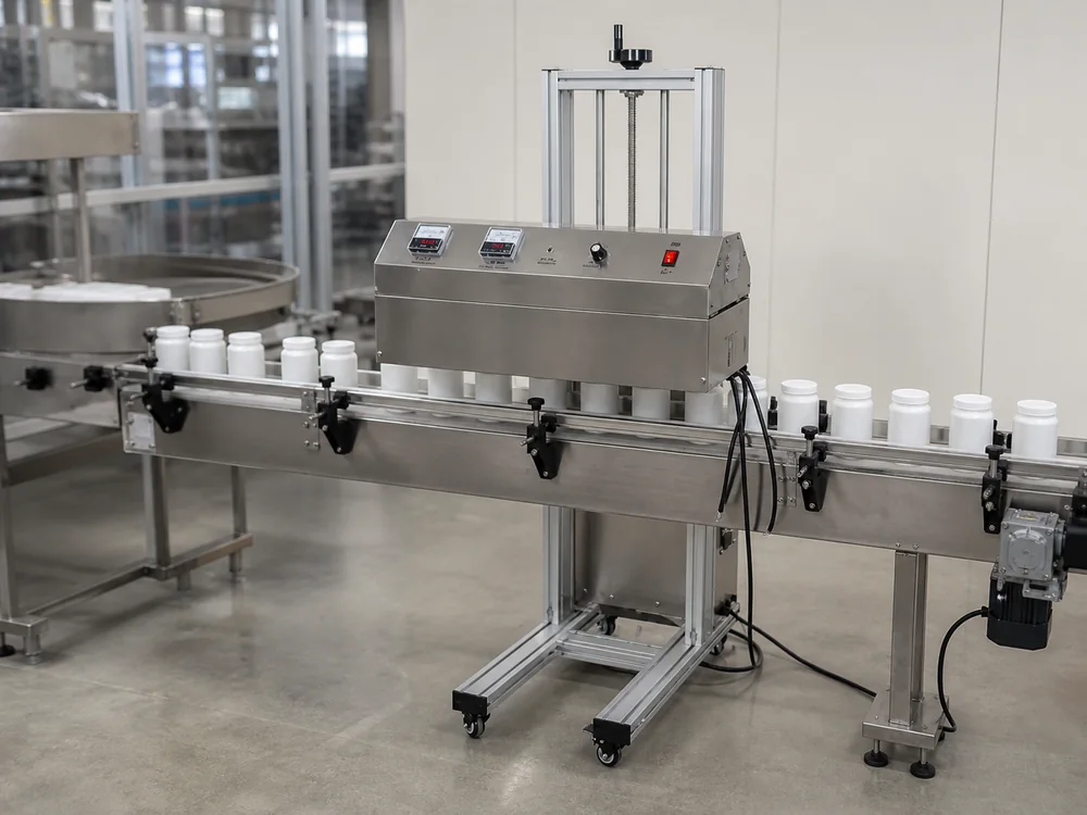 Induction sealing equipment positioned above capped containers on a conveyor