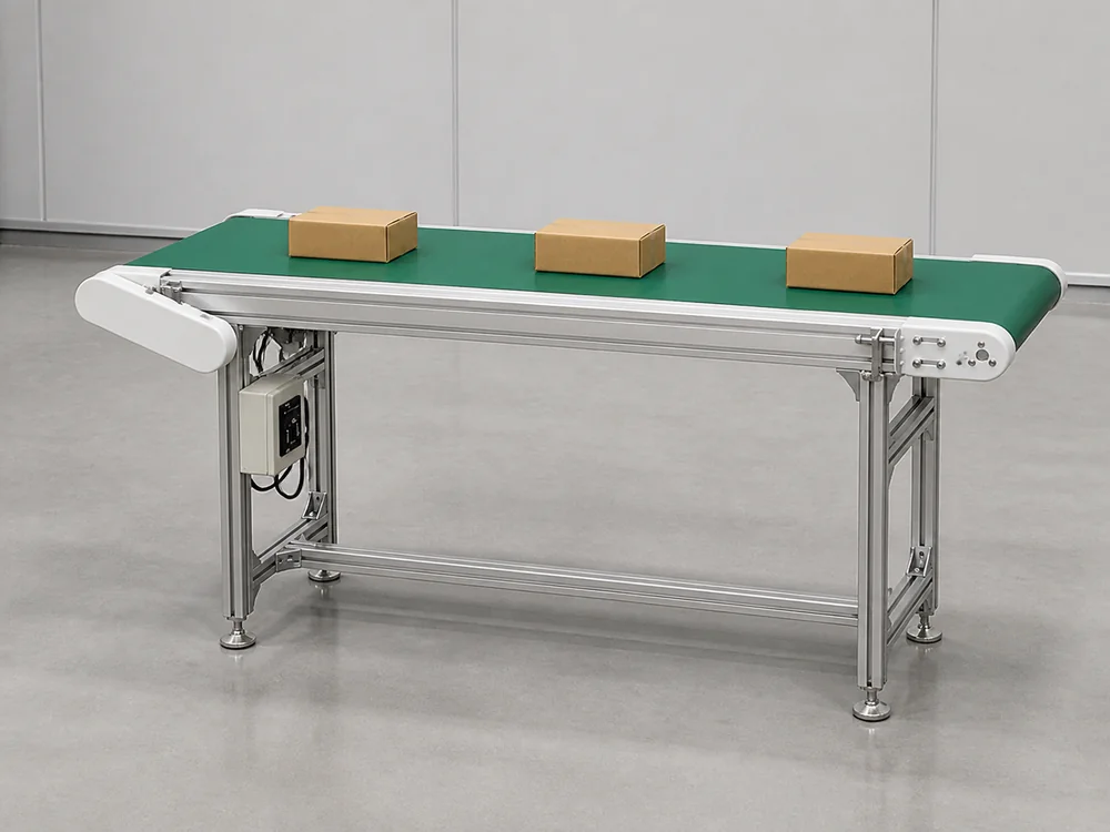 Stainless conveyor transporting containers between packaging processes